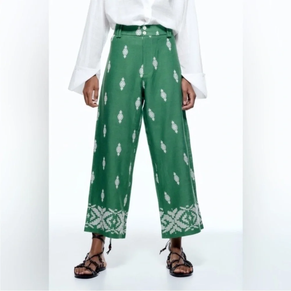 ZARA Linen embroidered green wide leg cropped Coolots